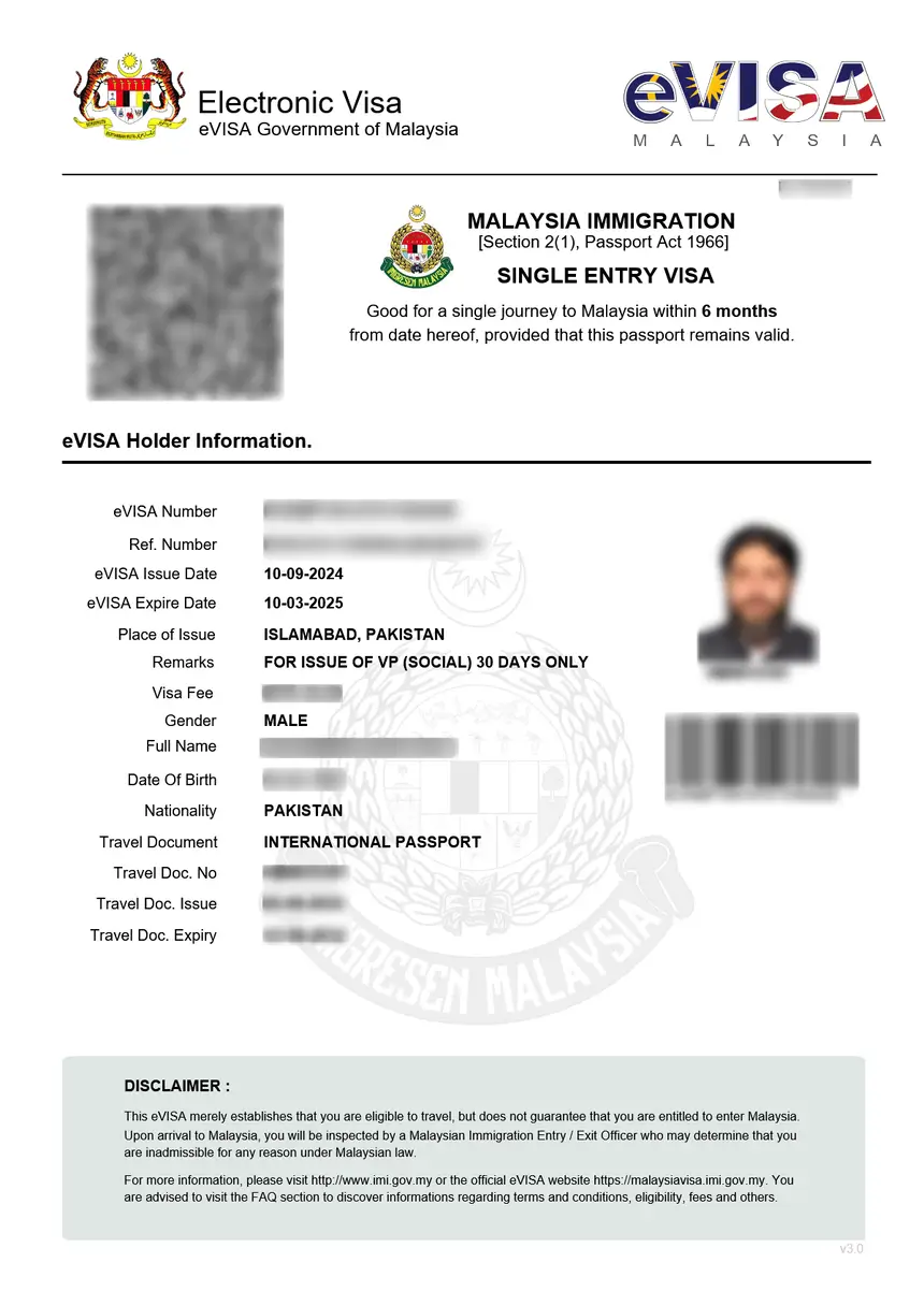 Malaysia eVisa Muster – elektronisches Visum